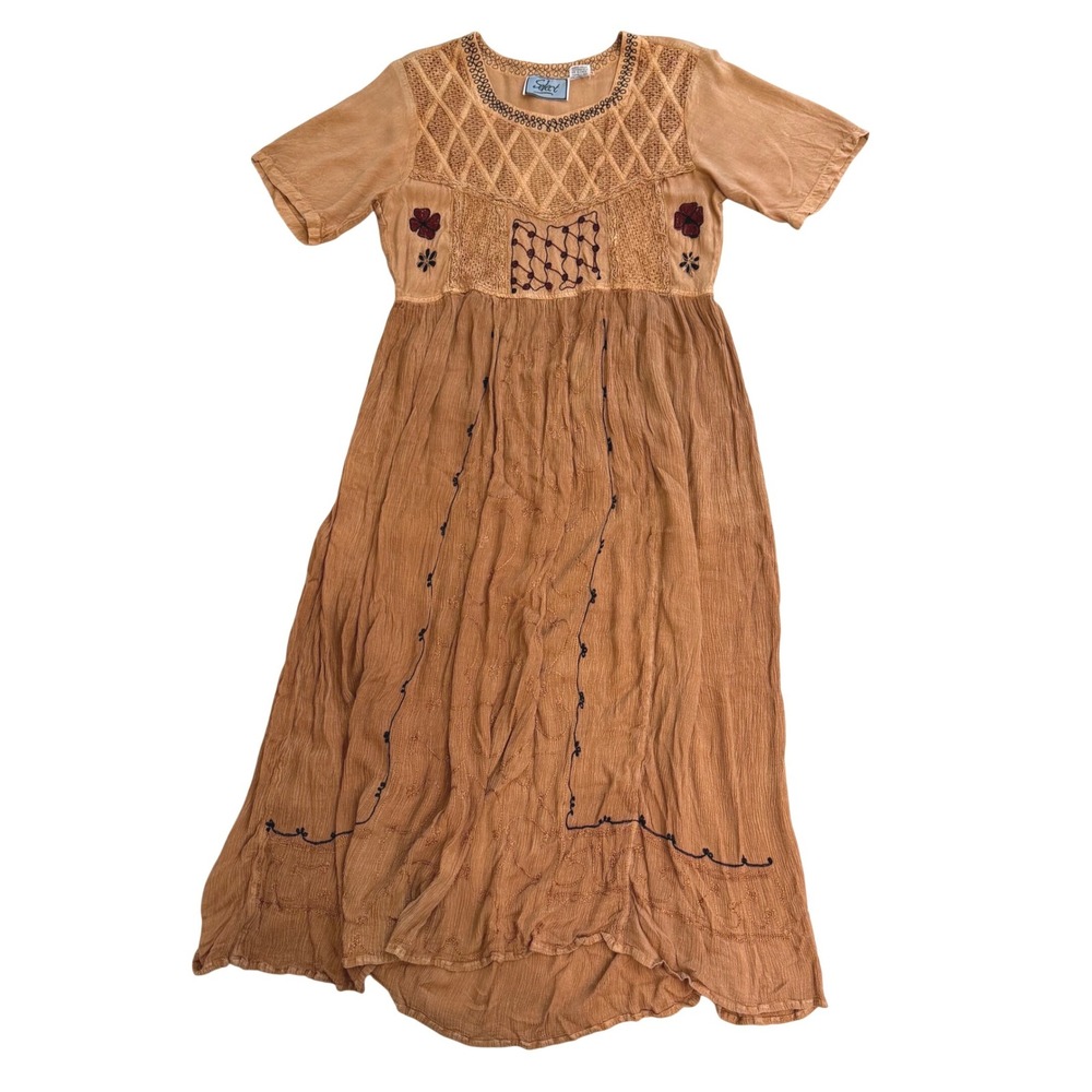 Select Women Terracotta Brown Rayon Embroidered Boho Maxi Dress L Boho Vtg EUC